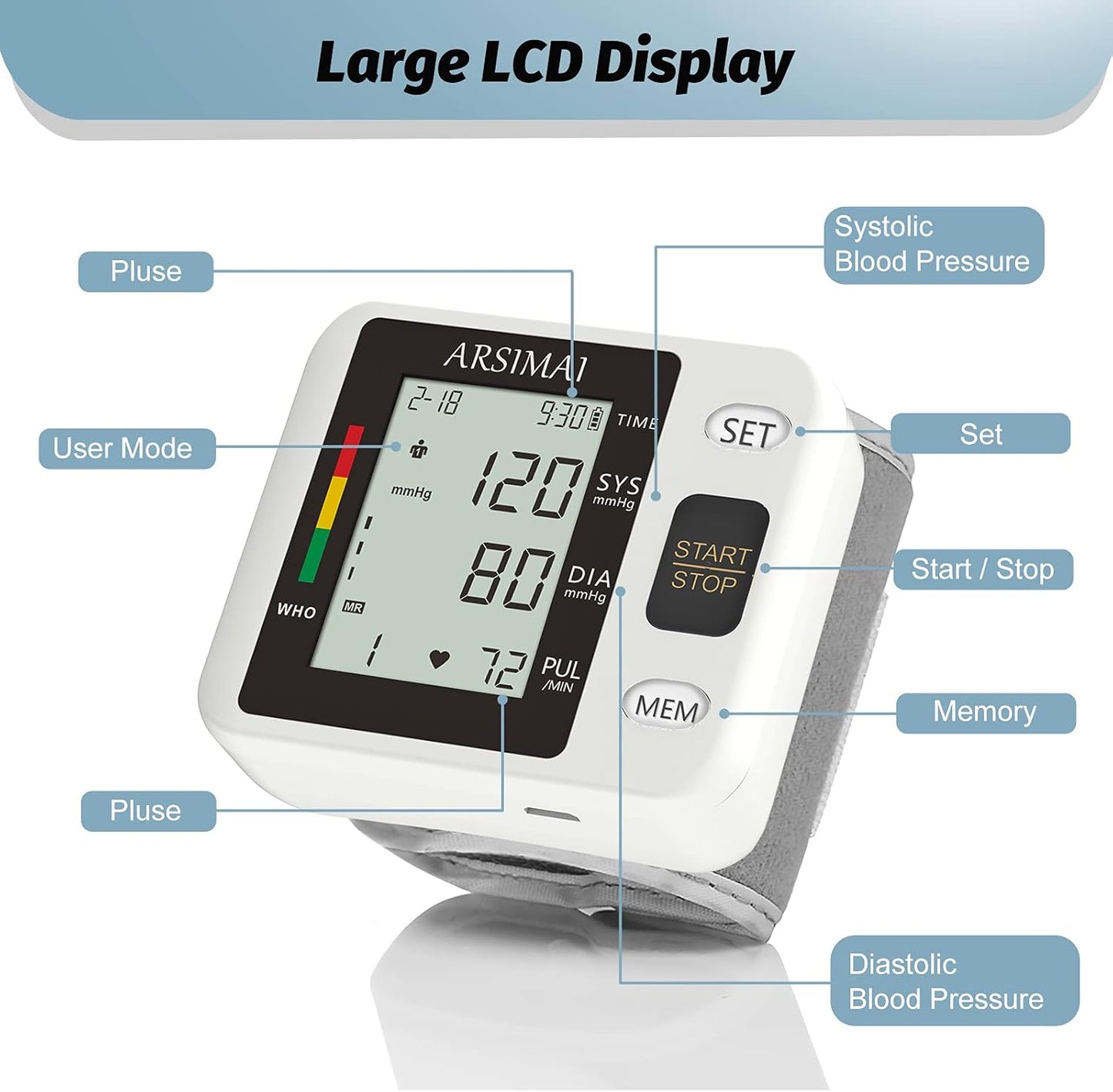 Blood Pressure Monitor - Wrist Accurate Automatic High Blood Pressure Monitors Portable LCD Screen with Storage Case and Adjustable Cuff Powered by Battery -Black