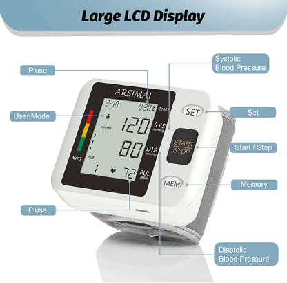 Blood Pressure Monitor - Wrist Accurate Automatic High Blood Pressure Monitors Portable LCD Screen with Storage Case and Adjustable Cuff Powered by Battery -Black