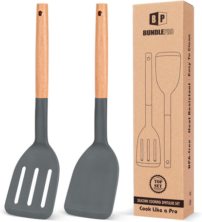 Silicone Cooking Spatula Set | Heat Resistant Turner | Non Stick Kitchen Spatula | Wooden Handle Cooking Tool | Frying Baking Utensils - PuriLite