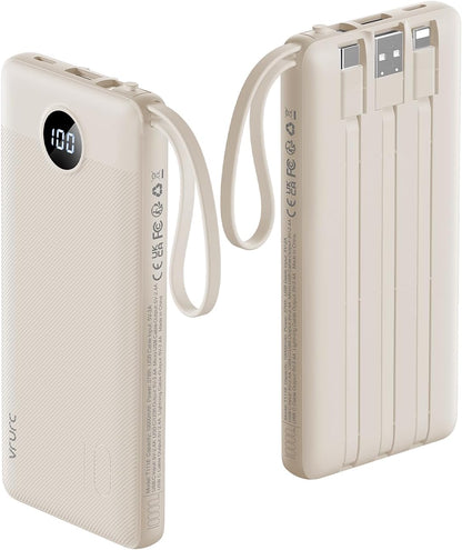 VRURC 10000mAh Power Bank Built-in Cables, Portable Charger with LED Display, Slim Intelligent Travel Battery Pack with Cords, 5 Output Dual Input Phone Charger for Cell Phone Smart Devcies-Blue