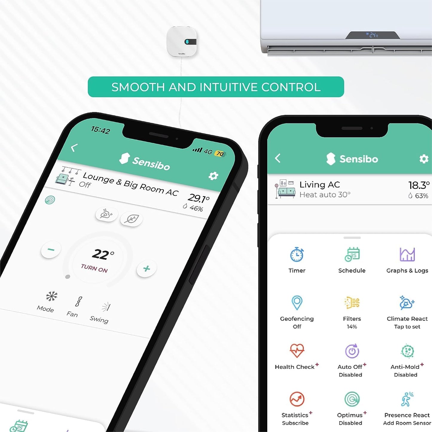 Sensibo Air PRO - Air Conditioner Smart Controller & Air Quality Sensor. Smart Thermostat for Mini Split, Window, Portable AC. Temp & Humidity Sensors. Google, Alexa, Siri & Apple HomeKit Compatible