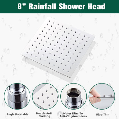 LCEVCGK Shower Faucet Set Complete Matte Black Shower System with 8 inch Square Rainfall Shower Head 3-Function Handheld Shower Waterfall Bathtub Spout Rain Shower Combo Set Bathroom Wall Mounted