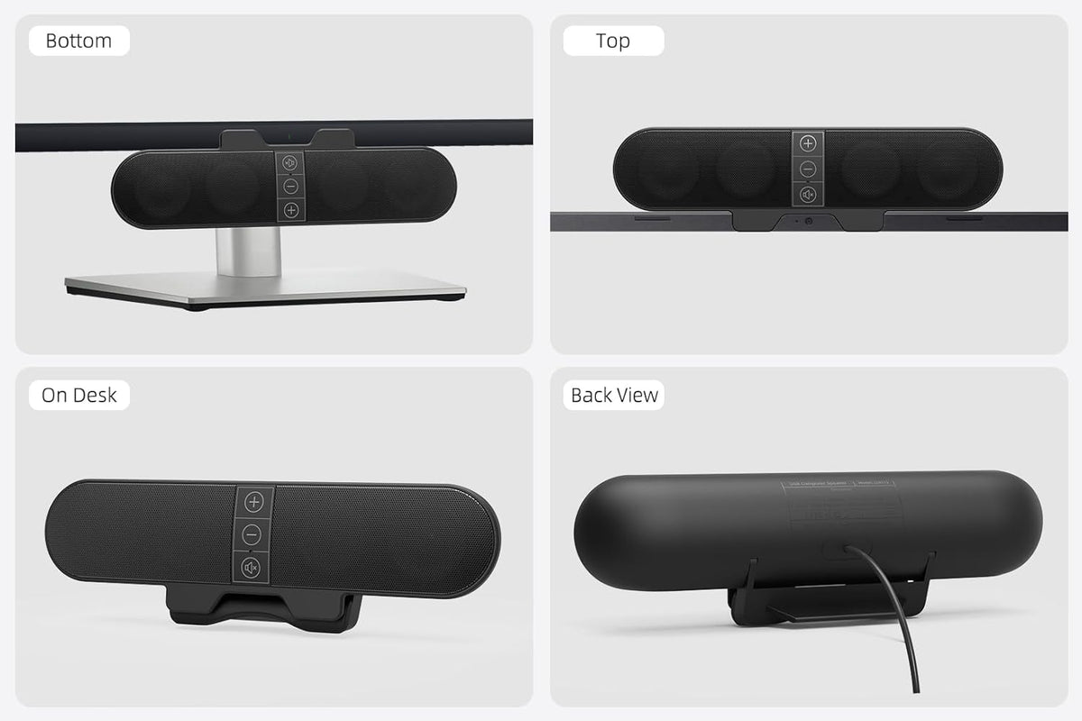 Computer Speakers for Desktop PC Monitor, USB Plug-in, Wired, Computer Soundbar for PC, Laptop Speakers with Adaptive-Channel-Switching, Loud Sound, Deep Bass, USB C Adapter, Easy to Clip on Monitor