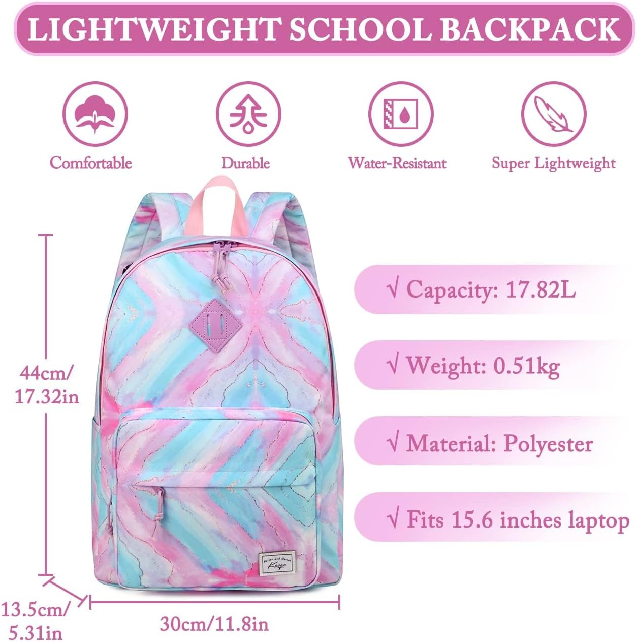 School Backpack, Kasqo 15.6 Inch Classic Lightweight Water-Resistant Backpack for Men Women Teens Girls Boys Kids to School, College, Travel, Work, Black