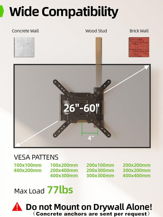 USX MOUNT Full Motion TV Wall Mount for 26-60 Inch TV up to 77 Lbs, 19.44 Inch Long Arm TV Wall Bracket, Sinlge Stud Articulating TV Mount, Smooth Swivel and Extension, Max VESA 400x400 mm - PuriLite