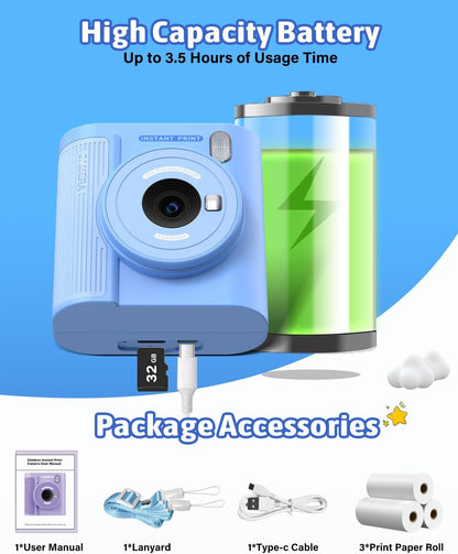 Mgaolo Kids Camera with Instant Print, Thermal Printing Digital Camera Gift for 3-12 Years Old Children, Safe Ink-Free Design, Toy for Creativity & Learning (Black)