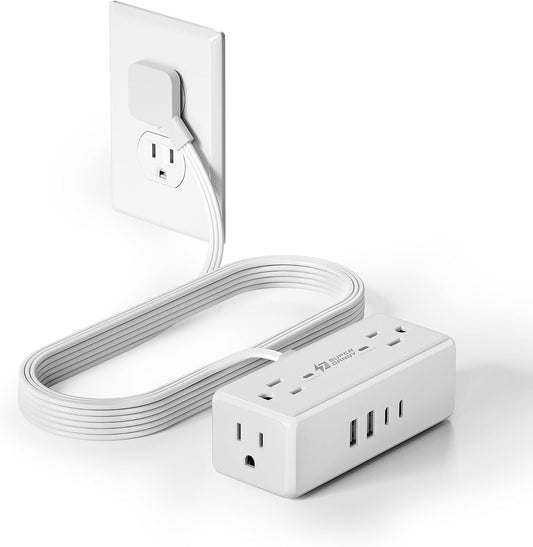 6 Ft Flat Plug Extension Cord with Multiple Outlets, SUPERDANNY Surge Protector Power Bar with 4 Outlets & 4 USB Ports (2 USB C), Small Outlet Extender for Home, Office Supplies, Dorm, Travel, White