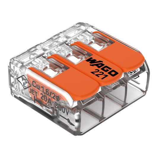 Wago 221-413 Splicing Connector 3 Conductors 0.14-4 mm². Compact Design with Lever, Pack of 50 | Universal electrical terminal blocks for rigid and flexible cables, quick and secure connection with manual control lever