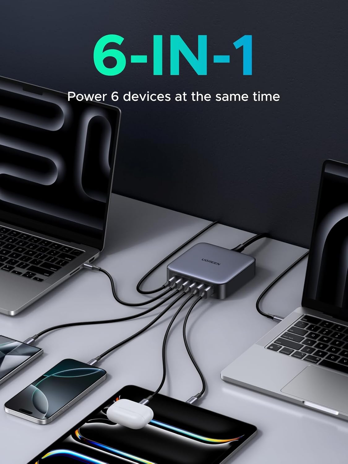 UGREEN Nexode 200W USB C Charger, 6 Ports GaN Desktop PD Fast Charger Compatible for MacBook Pro/Air, iPad Pro/Air, iPad, Dell XPS, Galaxy S22/S21, iPhone 15/14/13, Pixel, Steam Deck and More