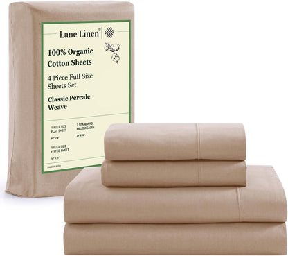 Lane Linen 100% Organic Cotton Queen Sheet Set, 4-Piece Percale Bed Sheets for Queen Bed - Soft, Breathable, Hypoallergenic, Deep Pocket Fits Mattress Up to 15" Deep, Hotel Quality Sheets - White