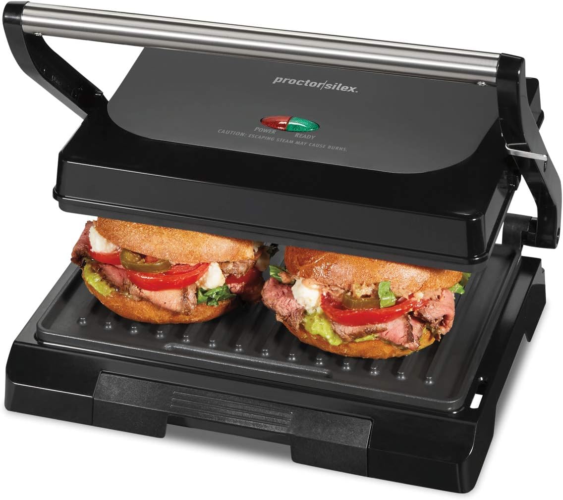 Proctor Silex 4 Serving Panini Press, Sandwich Maker and Compact Indoor Grill, Upright Storage, Easy Clean Nonstick Grids, Black (25440PS)