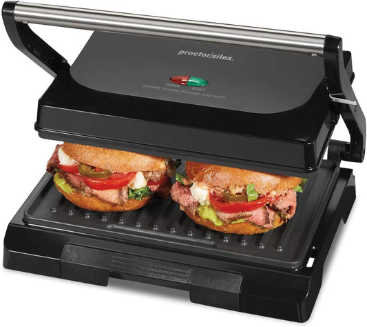 Proctor Silex 4 Serving Panini Press, Sandwich Maker and Compact Indoor Grill, Upright Storage, Easy Clean Nonstick Grids, Black (25440PS)