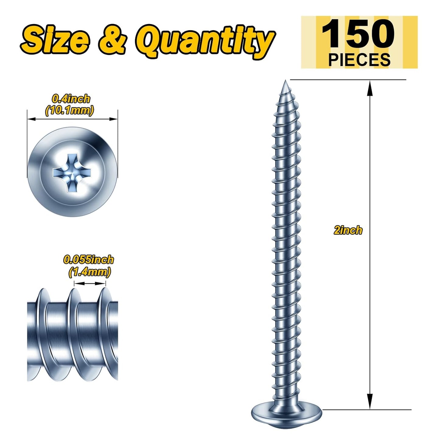 150Pcs #8 × 2" Black Screws for Wood, Phillips Truss Head Wood Screws, Quick Metal Self Tapping, Zinc Plated Steel, Truss Head Screws by Mywish