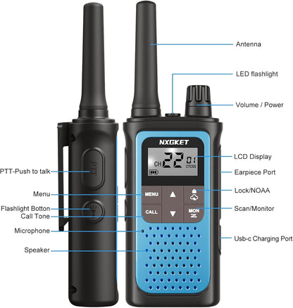 NXGKET Walkie Talkies Long Range for Adults Kids – Rechargeable Two Way Radio with 22 Ch, 1800mAh Battery, USB-C Charging, NOAA Weather, VOX, Flashlight – Great for Outdoor Camping & Hiking 4 Pack
