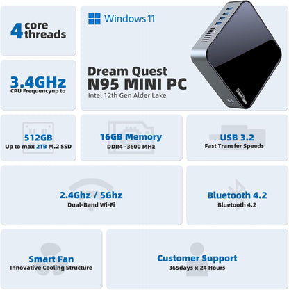 DreamQuest Mini PC Preinstalled Windows 11 Pro,Intel Alder Lake 2025 New N150 (up to 3.6GHz) 16GB DDR4+1TB M.2 SSD,Mini Desktop Computer 4K HD HDMI/WiFi5/BT5.0/USB3.2/Gigabit Port for Home Office