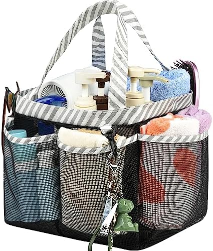 Mesh Shower Caddy Tote, Large College Dorm Bathroom Caddy Organizer with Key Hook and 2 Oxford Handles, Quick Hold, 8 Basket Pockets for Camp Gym