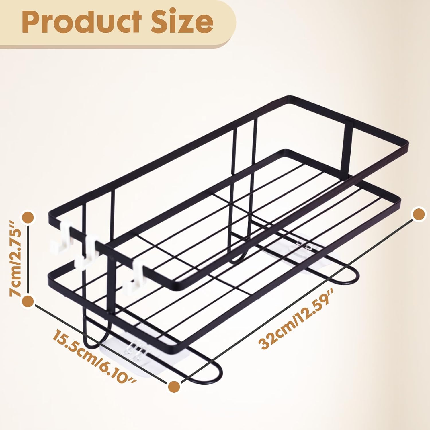 Over the Toilet Storage Shelf with Hooks, Punch-Free Bathroom Organizer Rack, Rust-Resistant Metal Space-Saving Shelf, Black - PuriLite
