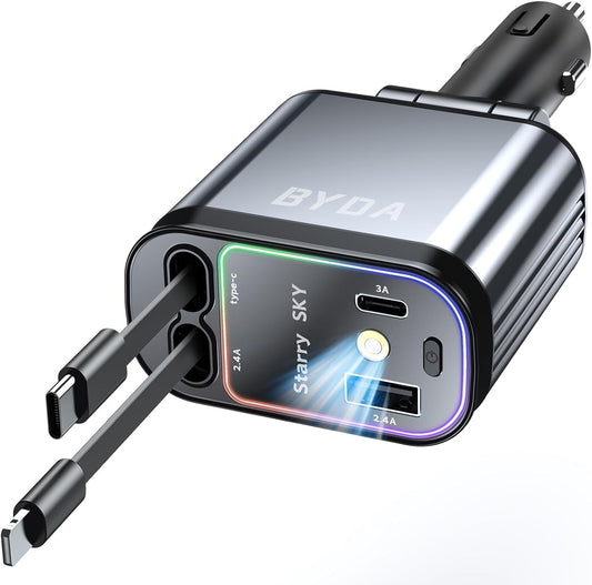 4 in 1 Retractable Car Charger 69W with Starry Light,69W Fast Charging USB C for iPhone 16/15/14/13/12,Pixel, Cigarette Lighter Charger,180° Adjustable Plug,Multi-Device Support