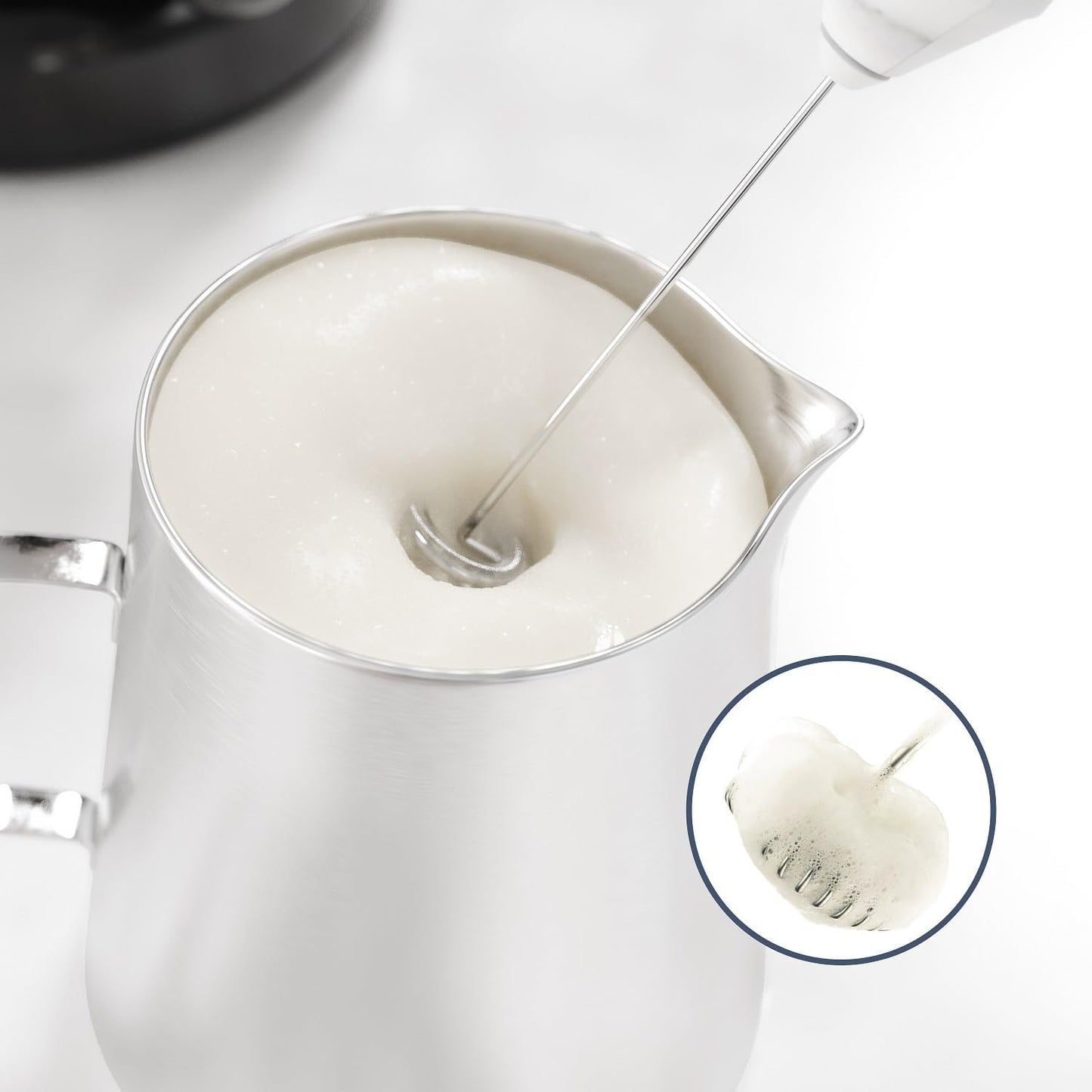 Powerful Milk Frother Handheld Foam Maker, Mini Whisk Drink Mixer for Coffee, Cappuccino, Latte, Matcha, Hot Chocolate, With Stand, Black