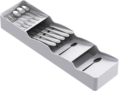 Compact Flatware Drawer Organizer, Narrow Silverware Tray for Kitchen Utensils, Gray Plastic Cutlery Holder for Spoons, Forks, and Knives - PuriLite