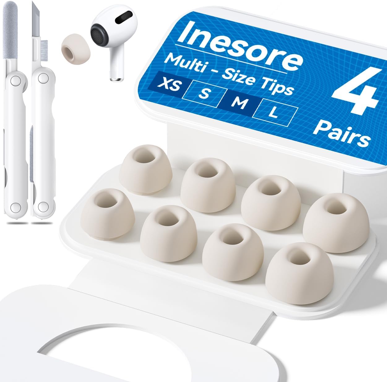 4 Pairs Replacement Ear Tips for AirPods Pro 2nd/1st Generation with Portable Storage Box & Cleaner Pen,Noise Reduction Holewith & Built-in dust Guard Screen,Silicone Ear Tips for AirPods Pro (White)