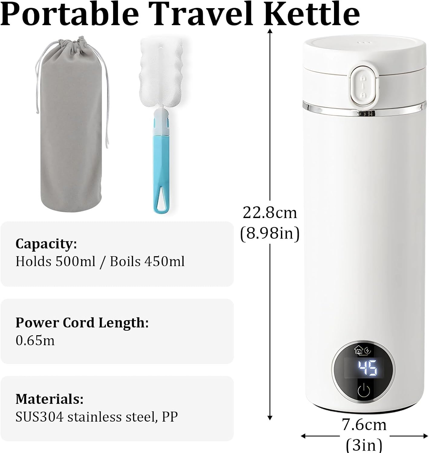 Portable Electric Kettle, 500ml Portable Kettle with USB-C Charger, Mini Travel Kettle with Carry Handle & 6 Adjustable Temperature Settings, Dual Power Modes for Home Travel Car Camping