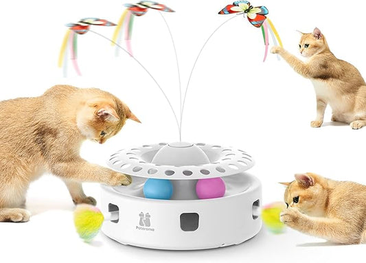 Potaroma Cat Toys 3-in-1 Smart Interactive Electronic Kitten Toy, Random Moving Ambush Feather, Fluttering Butterfly, Catnip Bell Balls, Dual Power Supplies, Indoor Exercise Cat Kicker (Light Pink)