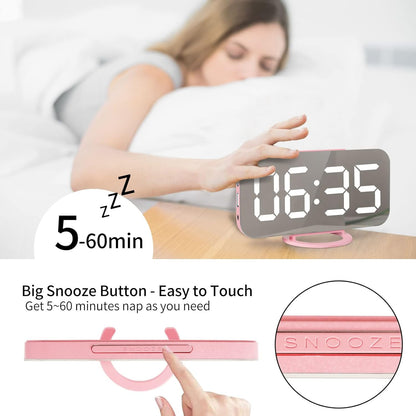 Digital Alarm Clock,Large LED Mirror Display, 2 USB Charging Ports，Auto Dim Mode，Modern Design Clock for Bedroom Office, White