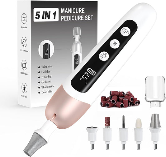 Electric Manicure Pedicure Set, Cordless Nail Files Rechargebale Electric Nail Drill Thick Nails Care Tools with 10 Speeds and LCD Display for Home Salon