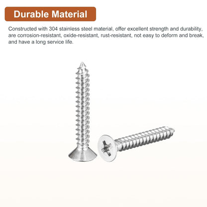 DTGN 100Pcs #6x1/2 Flat Head Wood Screws, 304 Stainless Steel Phillips Self Tapping Screws - Good for Woodworking, Furniture - Silver