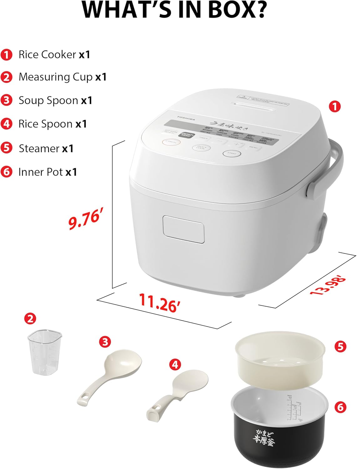 TOSHIBA Umami Smart Rice Cooker 10-Cup Uncooked, Fuzzy Logic, 15-in-1 Functions, Digital Display, Delay Timer, Keep Warm, Nonstick Inner Pot, White