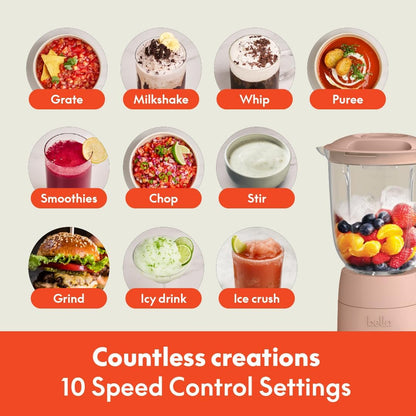 Bella 10-Speed Countertop Blender, Juicer and Smoothies, Fits Anywhere™, Slim Design with Lid and Lid for Dishwasher Stainless Steel Carafe, 450W, Surf