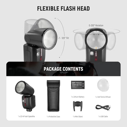 NEEWER Z2-N 2.4G TTL Round Head Flash Speedlite Compatible with Nikon Cameras, 76Ws 1/8000s HSS with Diffuser, 2 Modeling Lamps, Upgraded UI, TTL/M Toggle Key, 3000mAh Battery, 600 Full Power Flash