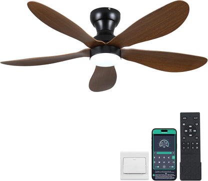 Modern Ceiling Fans with Lights Remote/APP Control, 29" Flush Mount Ceiling Fans with 3 CCT Dimmable Lights, Low Profile Ceiling Fans with 5 Propeller Blades LED Lights for Kids Room Bedroom, Brown - PuriLite