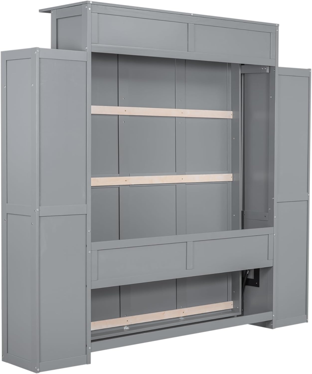 Merax Queen Size Murphy Bed with 2 Five-Layer Cabinet, Wall Bed with Shelves and Lights, Foldable Platform Bed Folded into Cabinet for Guest Room, Home and Office (Gray)