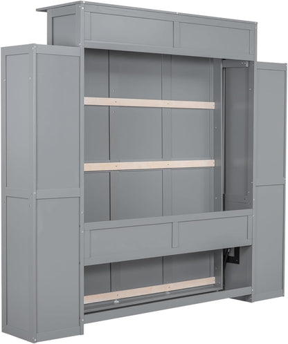 Merax Queen Size Murphy Bed with 2 Five-Layer Cabinet, Wall Bed with Shelves and Lights, Foldable Platform Bed Folded into Cabinet for Guest Room, Home and Office (Gray)