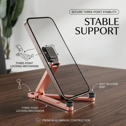Portable Mini Aluminum Phone Stand, Ultra-Compact Foldable Holder，7PC Mixed Universal Phone Stand with Solid Alloy Body, Built-in Keychain Hook, Fully Adjustable Desktop Support Design for Most Phones