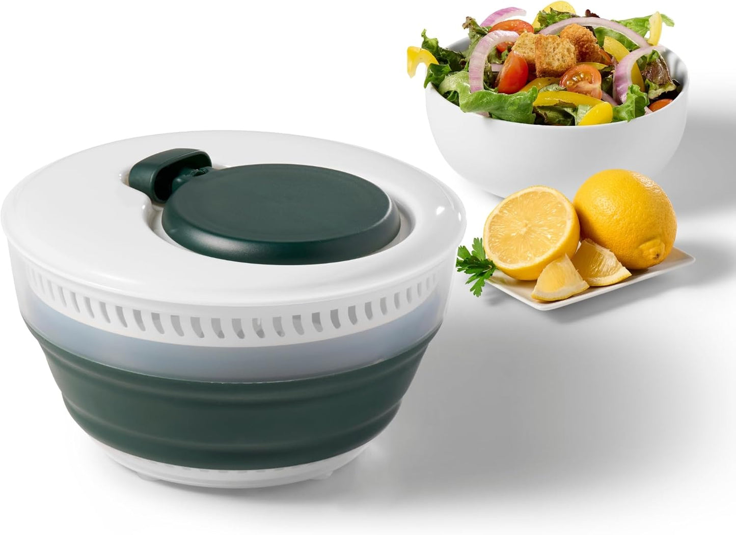 Starfrit Collapsible Salad Spinner, 3L, Colander & Serving Bowl | Collapsible storage. 3L capacity. Colander basket. Serving bowl. BPA-free. Ideal for salads and vegetables.