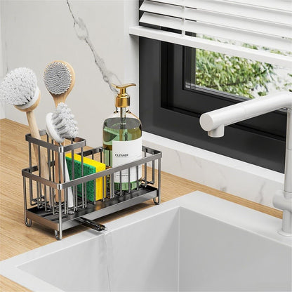 Cisily Sponge Holder for Kitchen Sink, Sink Caddy with High Brush Holder, Organzier Rustproof 304 Stainless Steel Dish Organizer Divider, Soap Dispenser Storage (Black)