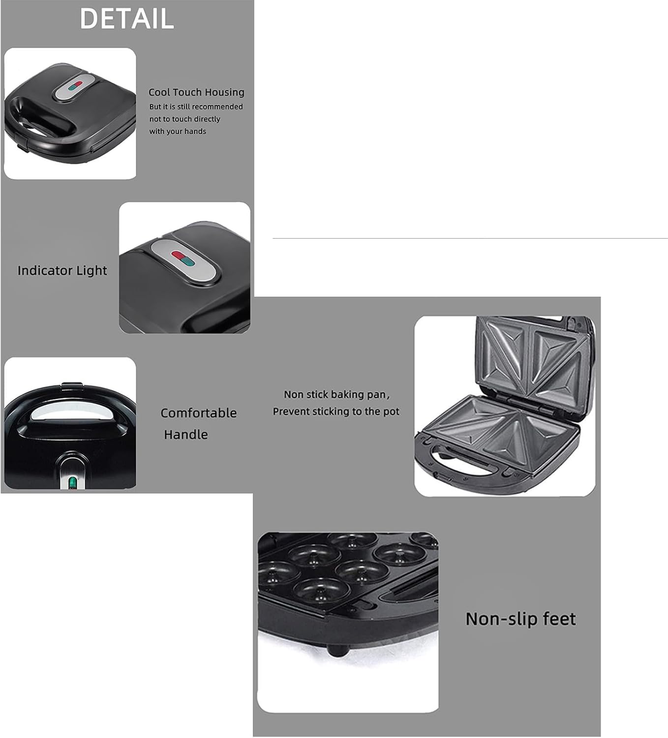 Panini Grill Press Breakfast Sandwich Waffles Omelets Maker 8 in 1 Multifunction Prevents Stick Dual Sided Heating Automatic Temperature Control Donut Cakes Maker (US Plug 110V) - PuriLite