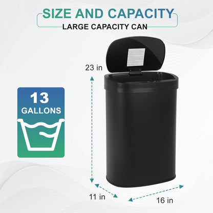 13 Gallon Sensor Garbage Can Stainless Steel Kitchen Garbage Can with Lid Antomatic Garbage can for Kitchen Office Bedroom Bathroom Living Room,Black