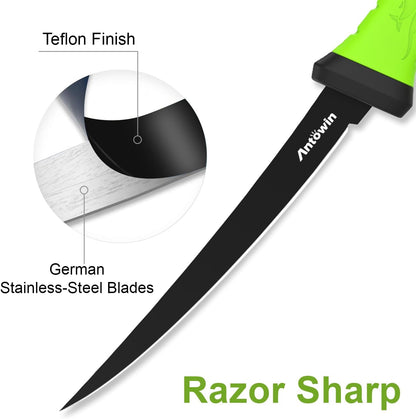 8 Inch Fishing Fillet Knife, Professional Level Knives for Filleting Fish and Boning Meat, Sharp Stainless-Steel Non-Stick Coating Blade, Non-Slip Handles, with 1 Two Stage Knife Sharpener