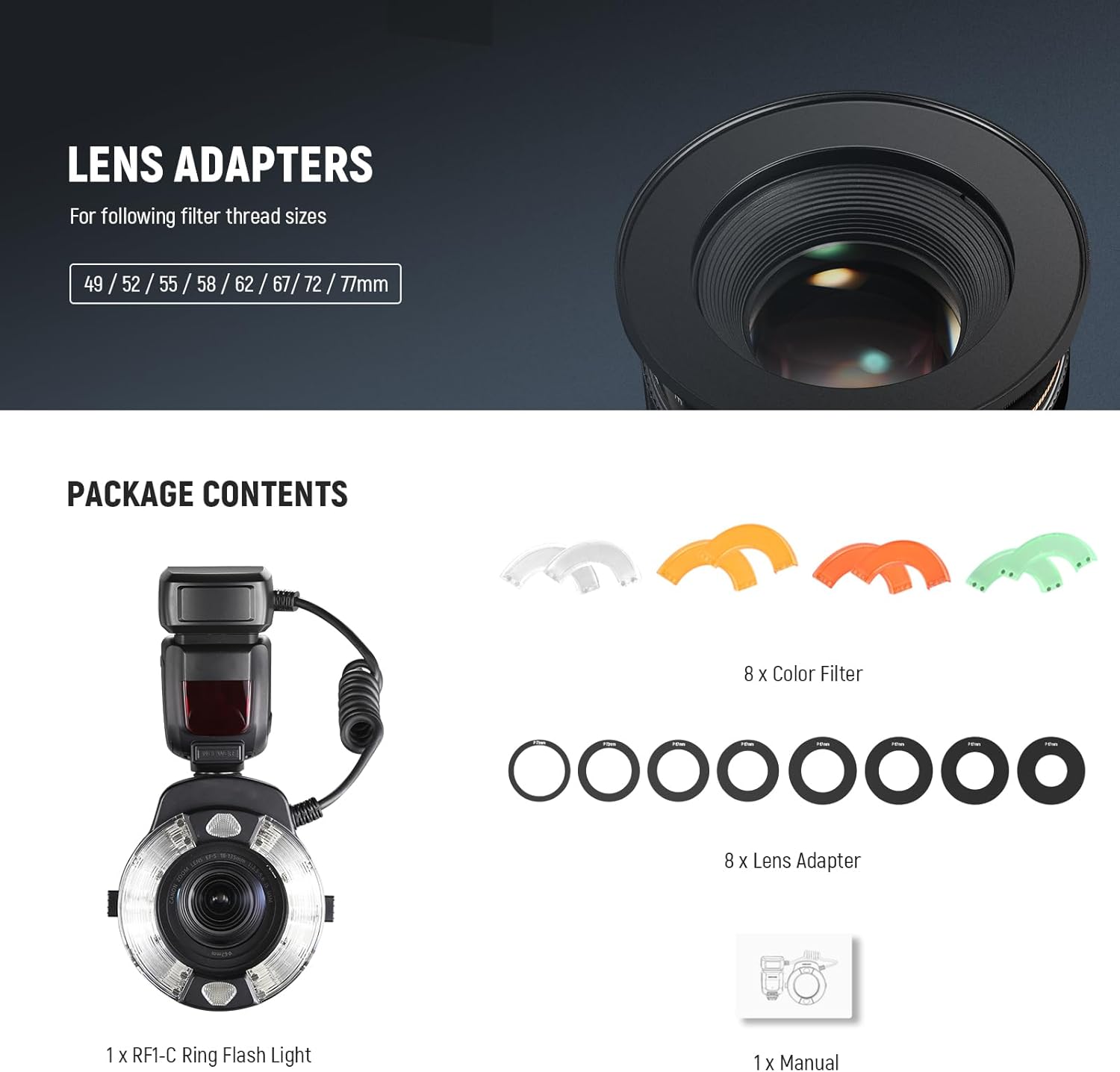 NEEWER RF1-C Marco Ring Flash Compatible with Canon, 76Ws GN15 5600K E-TTL Ring Flash Lighting, 1-1/128 Output, Front/Rear Curtain Sync, Color Gels, Lens Adapter Rings for Macro Photography - PuriLite