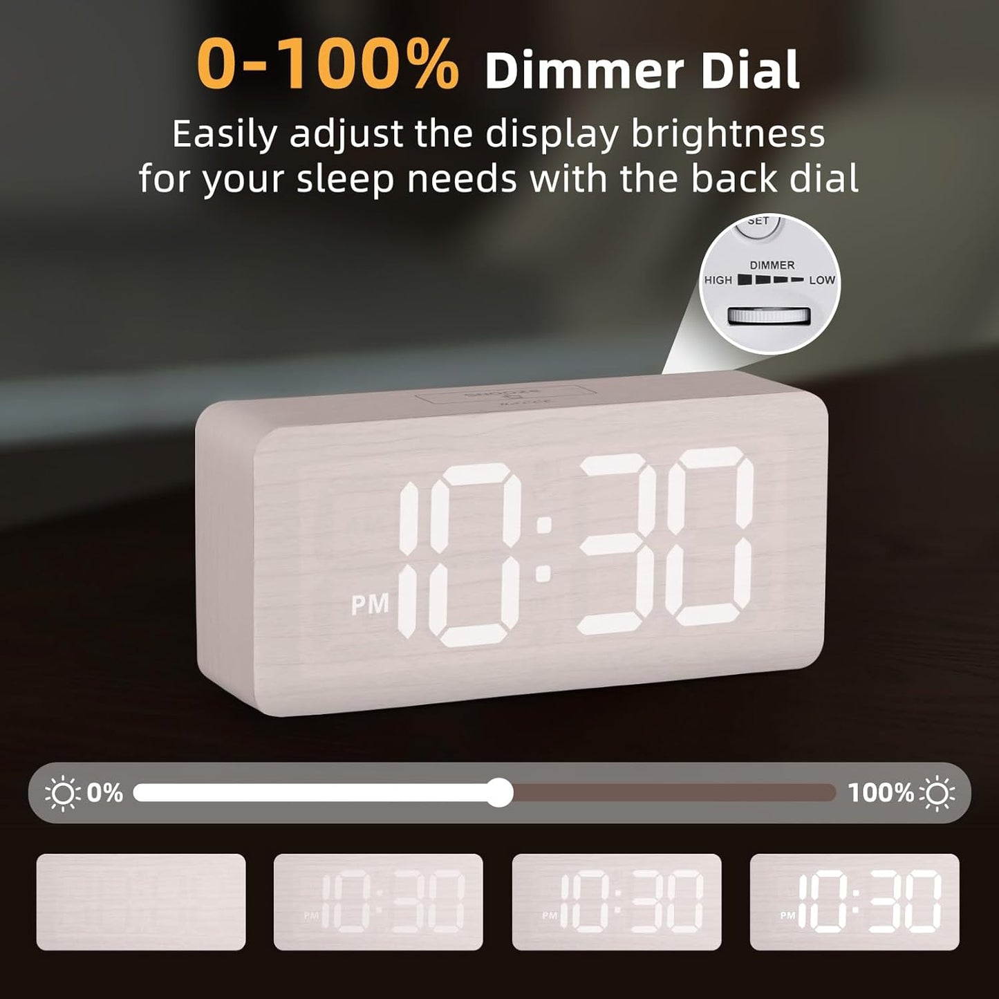 Purilite Select Wooden Digital Alarm Clock with Large LED Display