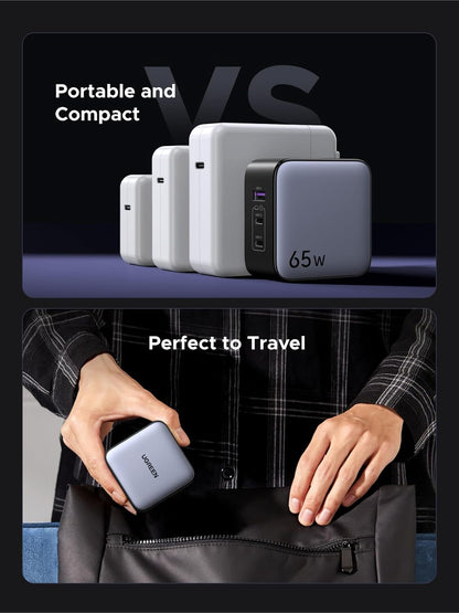 UGREEN Nexode 65W USB C Charger GaN Universal Travel 3 Ports, US/UK/EU Plug Compatible with MacBook Pro/Air, Dell XPS, iPhone 15/14, iPad, Galaxy S23 S22, Steam Deck