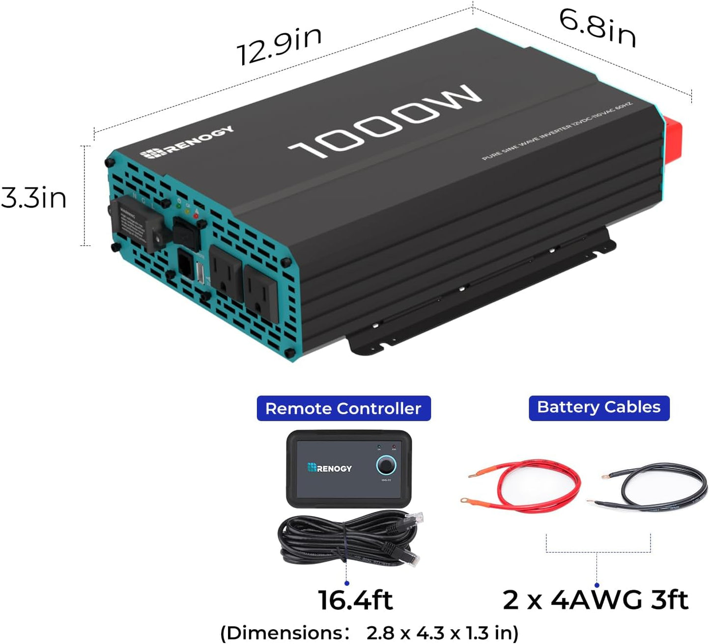 Renogy Pure Sine Wave Inverter 1000w Power Inverter DC 12v to AC 110v, Solar Inverter 12v to 110v Converter with 5V/2.1A USB Port, 2 AC Ports, Remote Controller