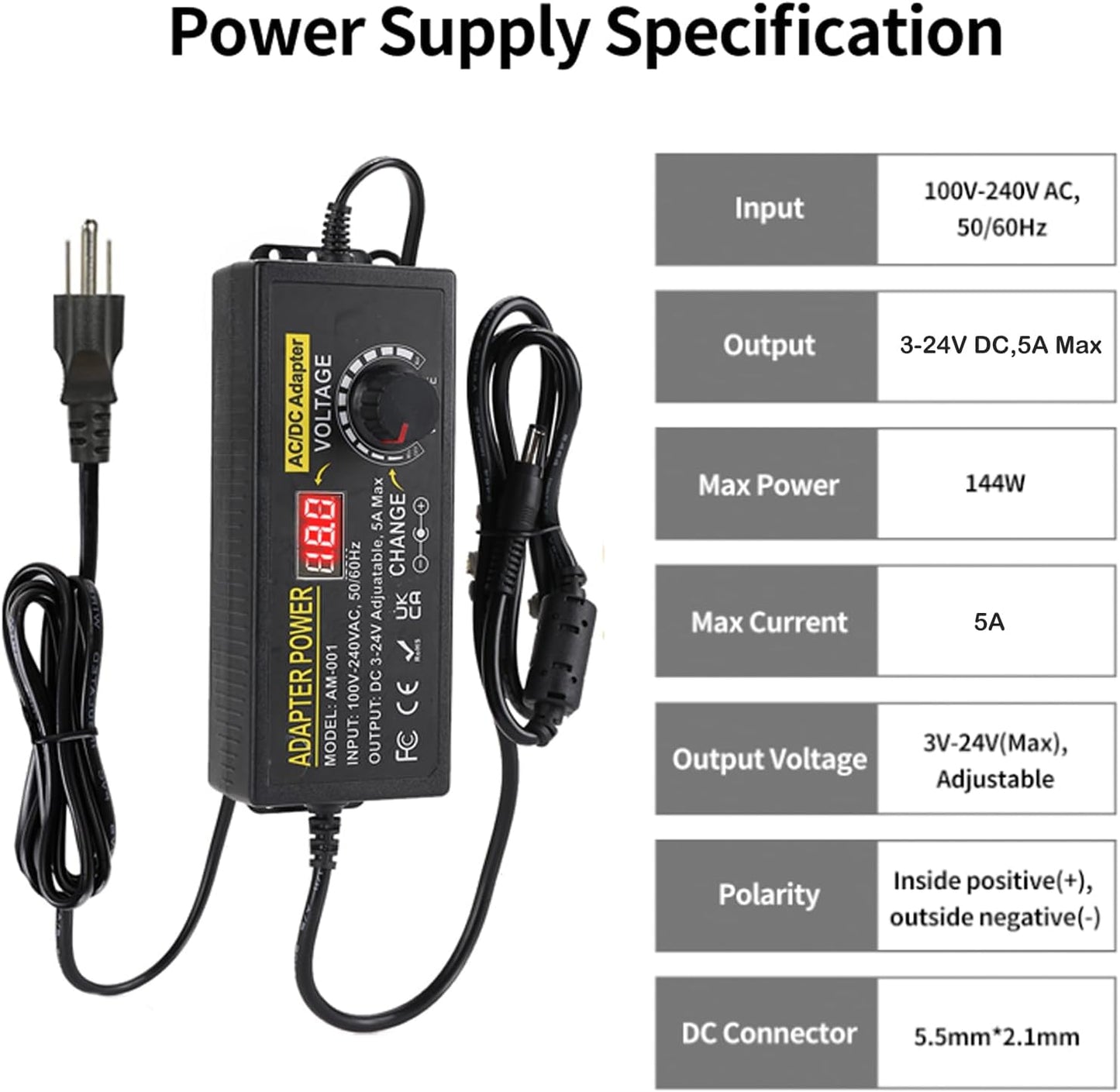 3V~24V 5A 120W Adjustable Power Supply Adapter,DC 3V 5V 6V 9V 12V 15V 18V 19V 20V 24V Universal AC/DC Adapter,100V-240V AC to DC Converter with 5.5x2.5mm 14 Tips for LED Strip Light CCTV