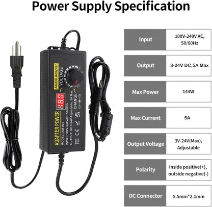 3V~24V 5A 120W Adjustable Power Supply Adapter,DC 3V 5V 6V 9V 12V 15V 18V 19V 20V 24V Universal AC/DC Adapter,100V-240V AC to DC Converter with 5.5x2.5mm 14 Tips for LED Strip Light CCTV