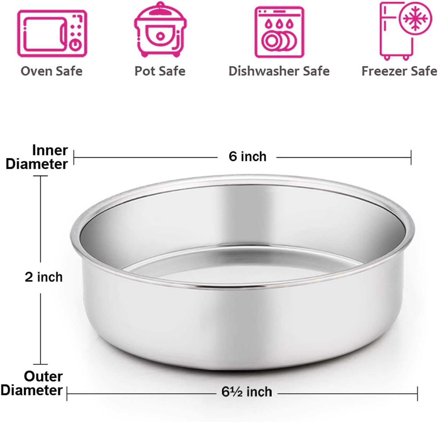 6 Inch Cake Pan Set of 3, E-far Stainless Steel Round Smash Cake Baking Pans, Non-Toxic & Healthy, Mirror Finish & Dishwasher Safe