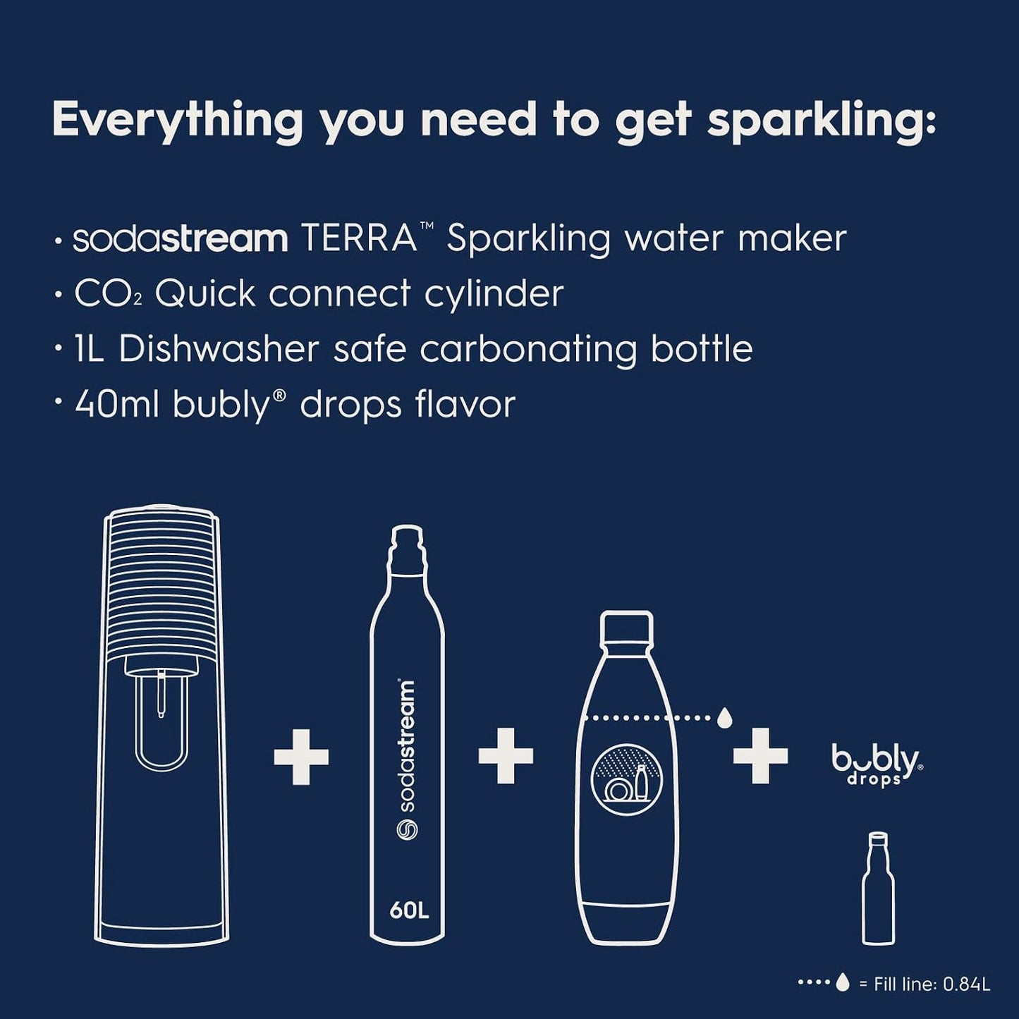 SodaStream Terra Sparkling Water Maker with CO2 Cylinder, 1L Dishwasher Safe Bottle & Bubly Drink (Black)